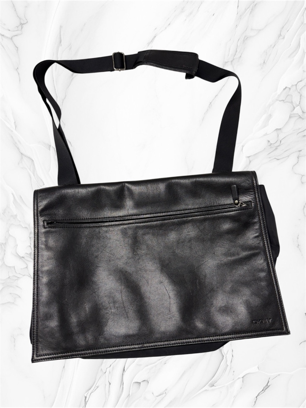 DKNY Black Leather Messenger fold over shoulder crossbody laptop bag
